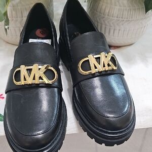 Michael Kors Black Leather Loafers with Gold MK Hardware